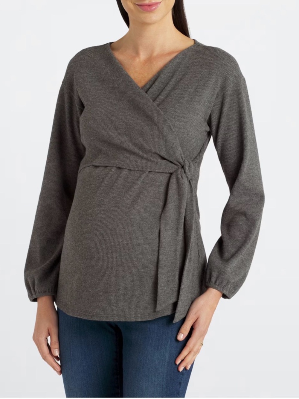 Softwrap Grey Long-Sleeve Wrap Blouse